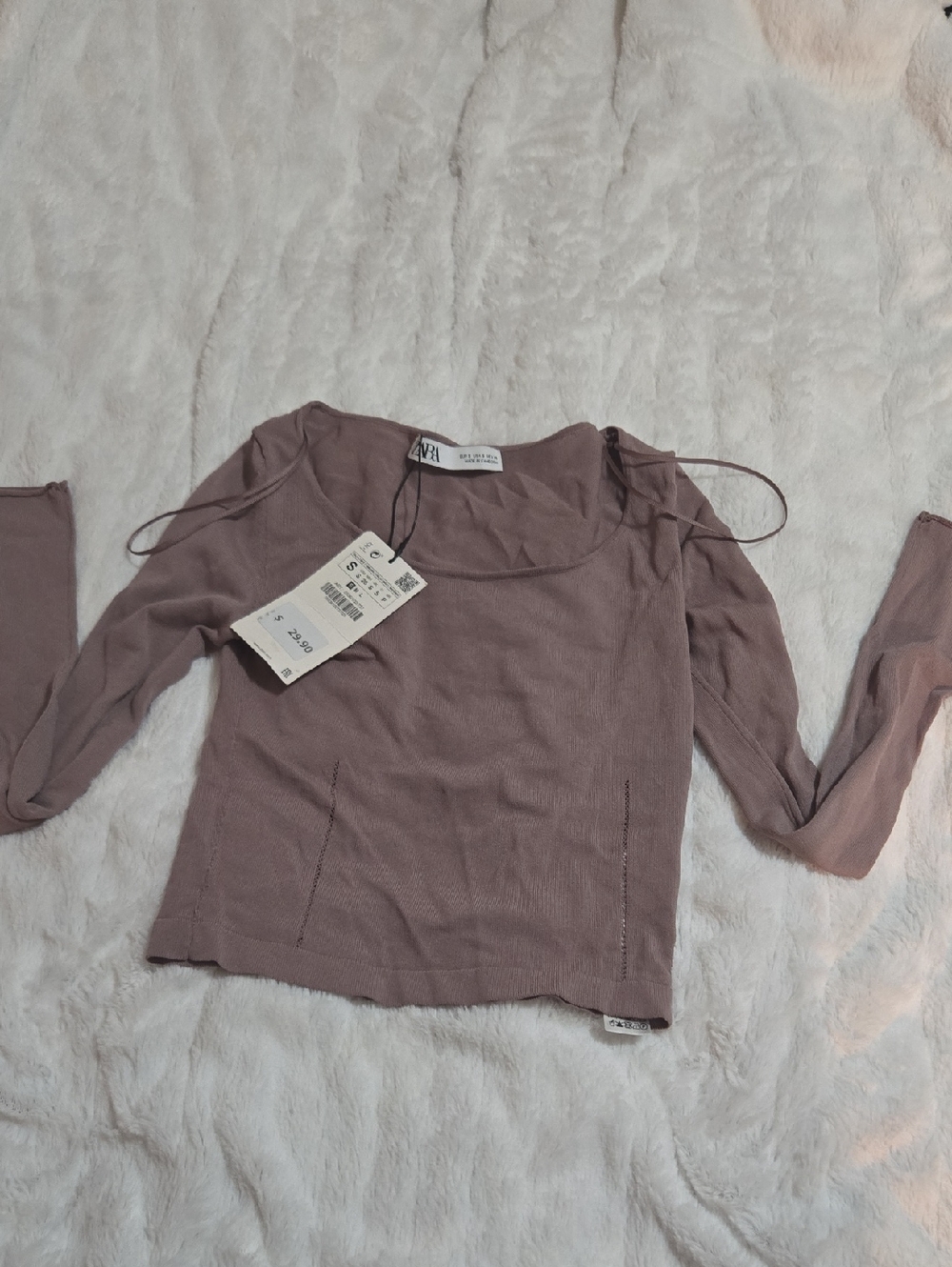 Zara Dusty Mauve Ribbed Long-Sleeve Scoop Neck Top